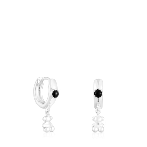 Silver Bold Bear Hoop earrings with onyx and bear charm