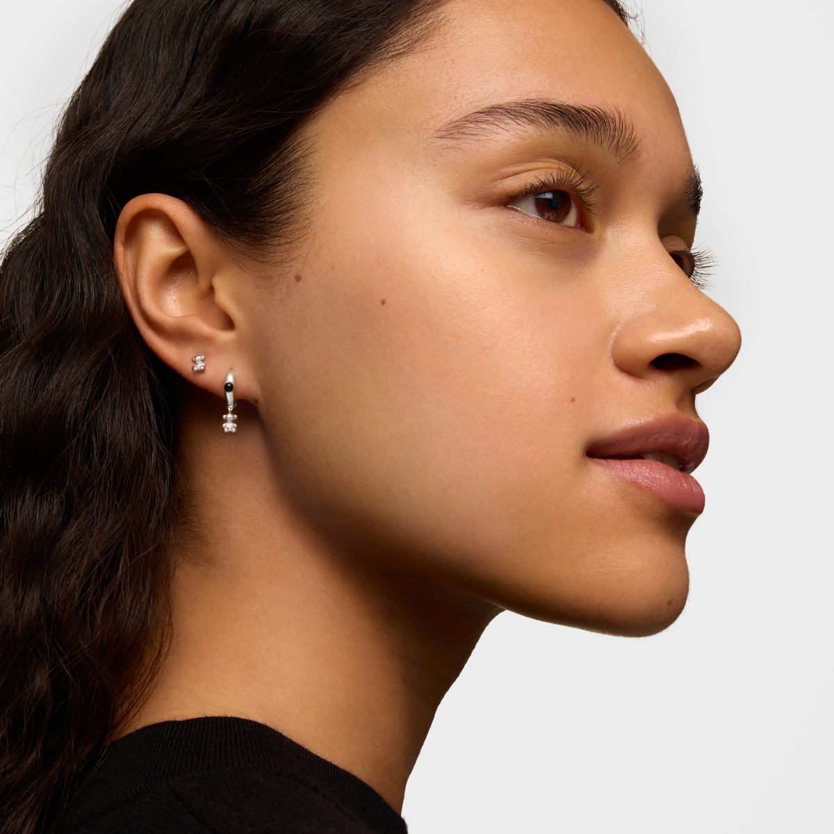 Silver Bold Bear Hoop earrings with onyx and bear charm