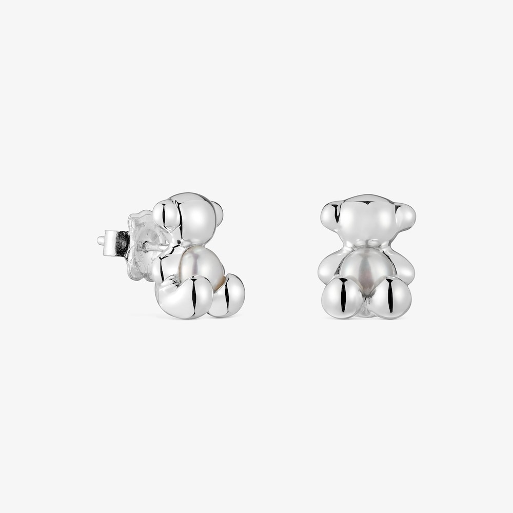 Pendientes oso peque&ntilde;os de plata y perla cultivada Bold Bear