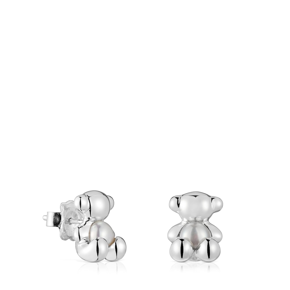 Small bear Earrings in silver and pearl Bold Bear image number 0
