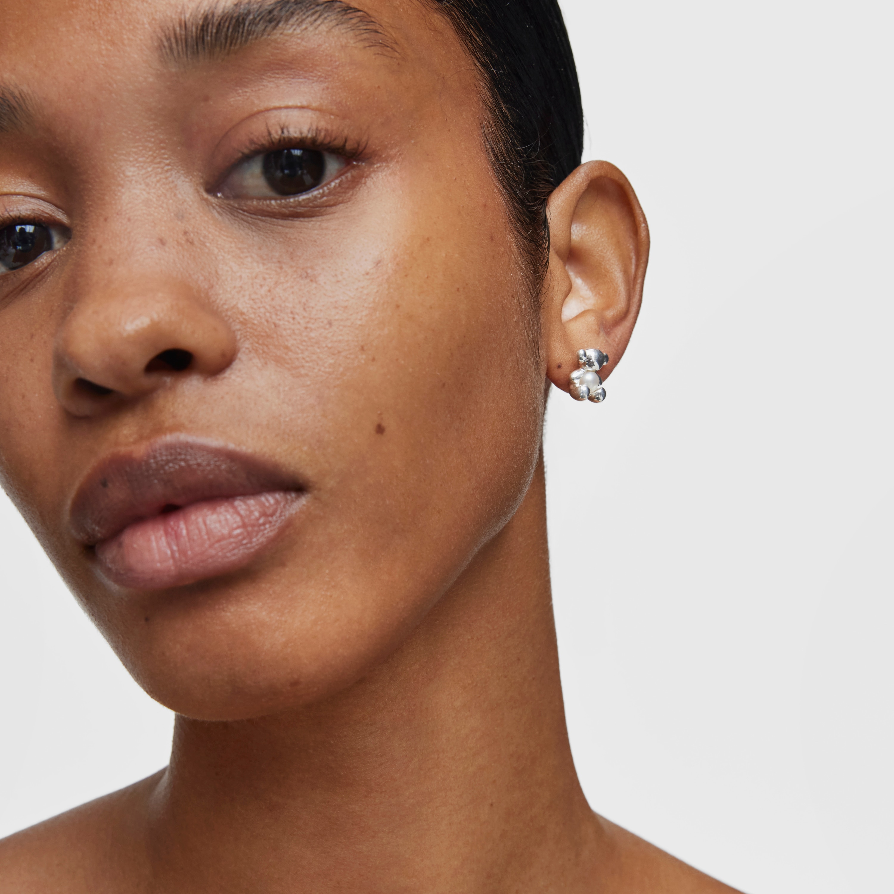 Small bear Earrings in silver and pearl  Bold Bear