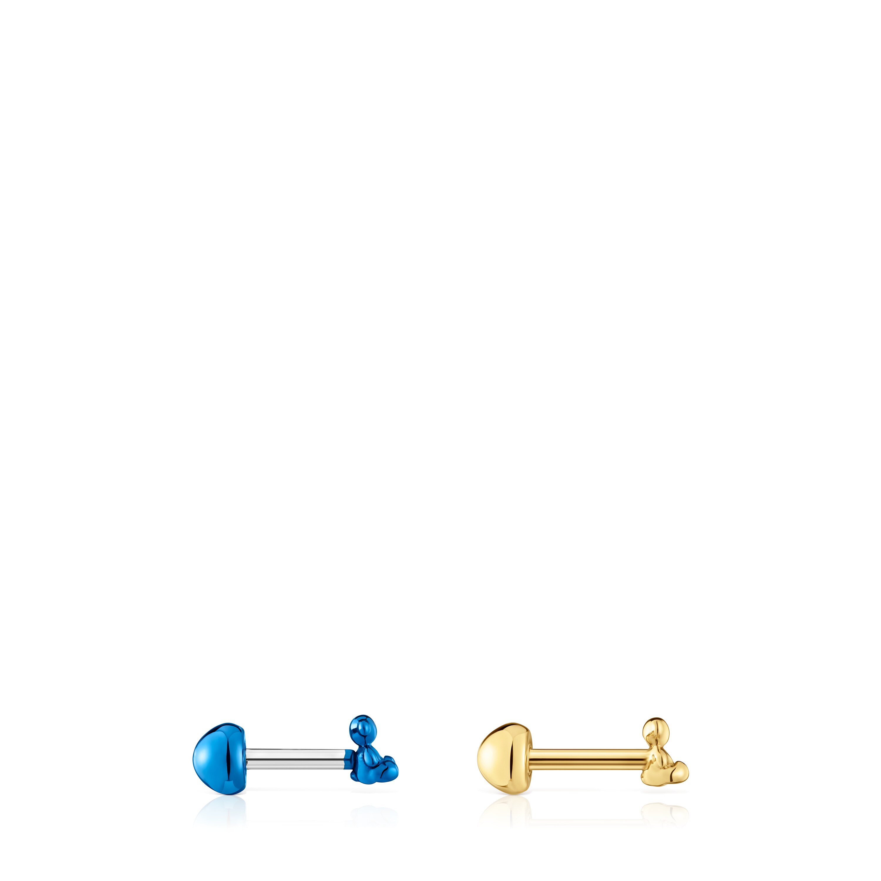 Pack of Bold Bear Ear piercings in gold-colored and blue IP steel