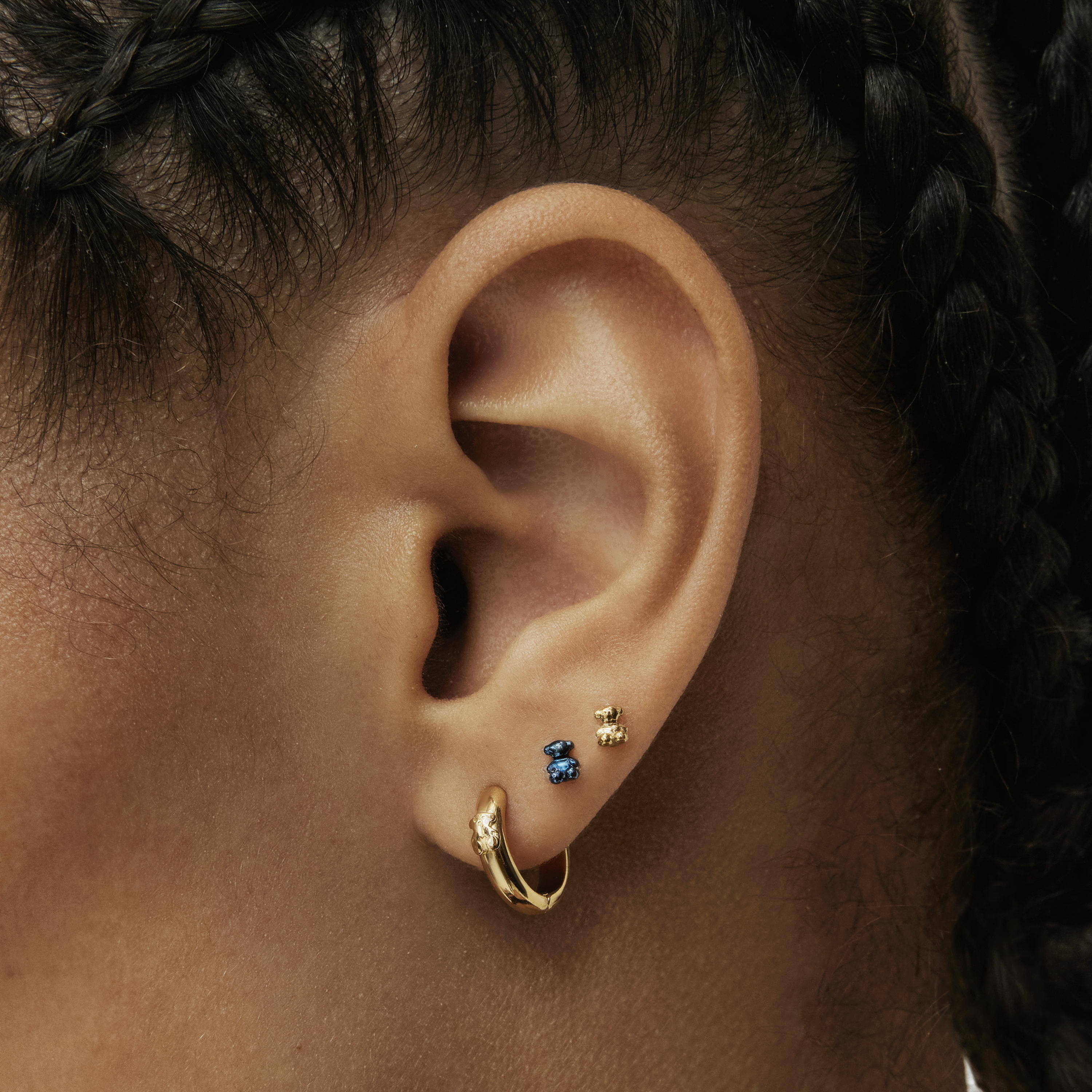 Pack of Bold Bear Ear piercings in gold-colored and blue IP steel