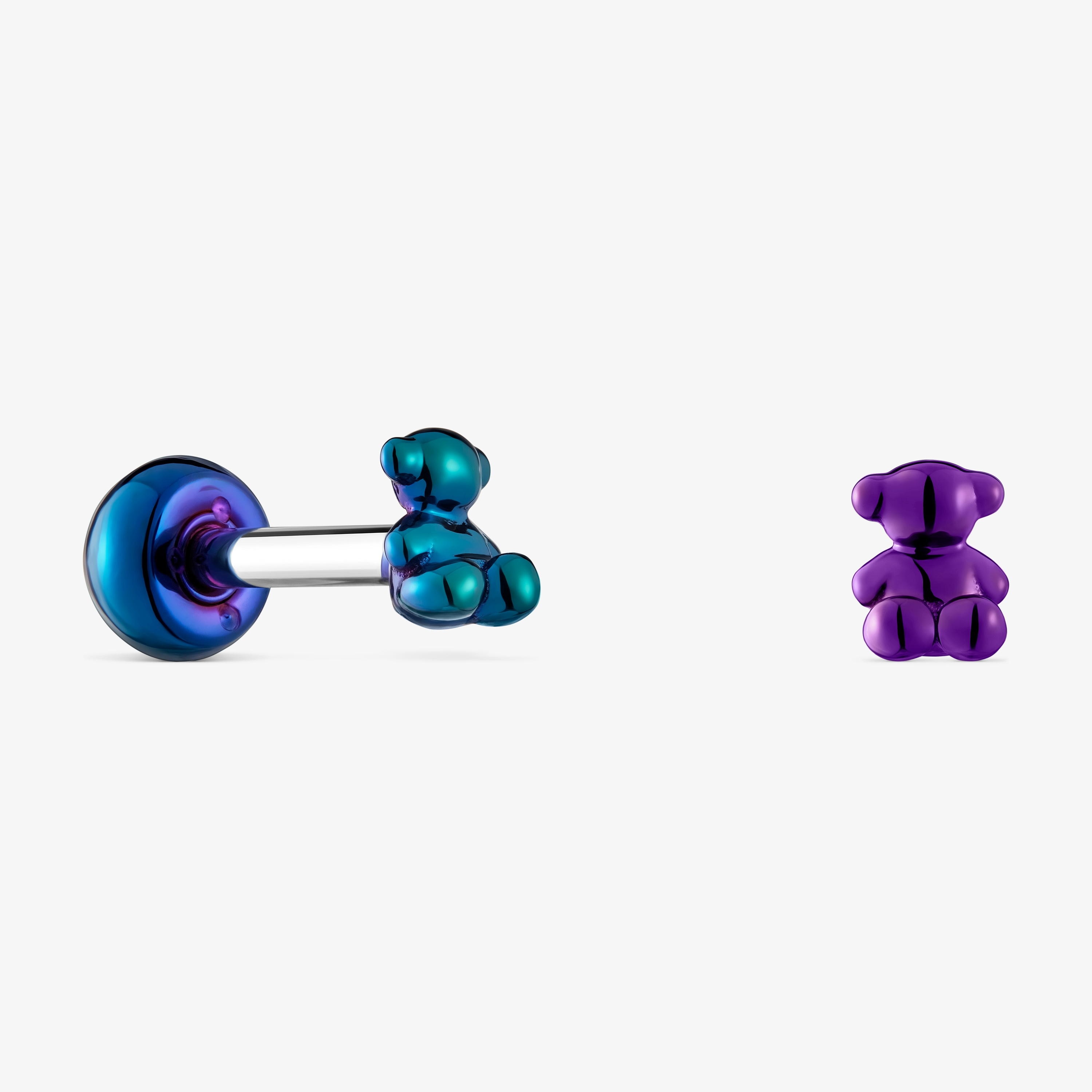 Pack of Bold Bear Ear piercings in lilac- and green-colored IP steel