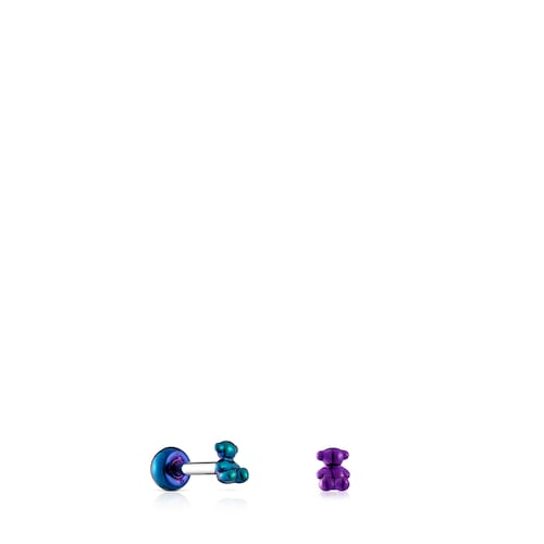 Pack of Bold Bear Ear piercings in lilac- and green-colored IP steel
