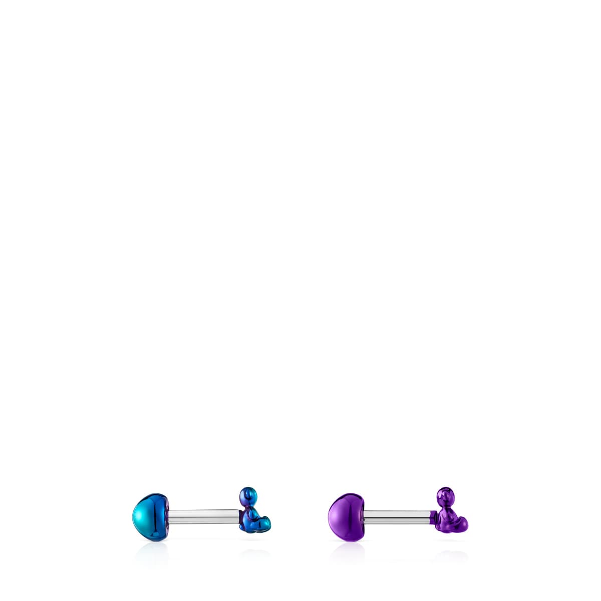 Pack of Bold Bear Ear piercings in lilac- and green-colored IP steel