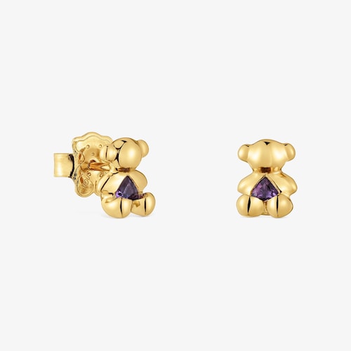 Aretes oso peque&ntilde;os con ba&ntilde;o de oro 18 kt sobre plata y amatista Bold Bear