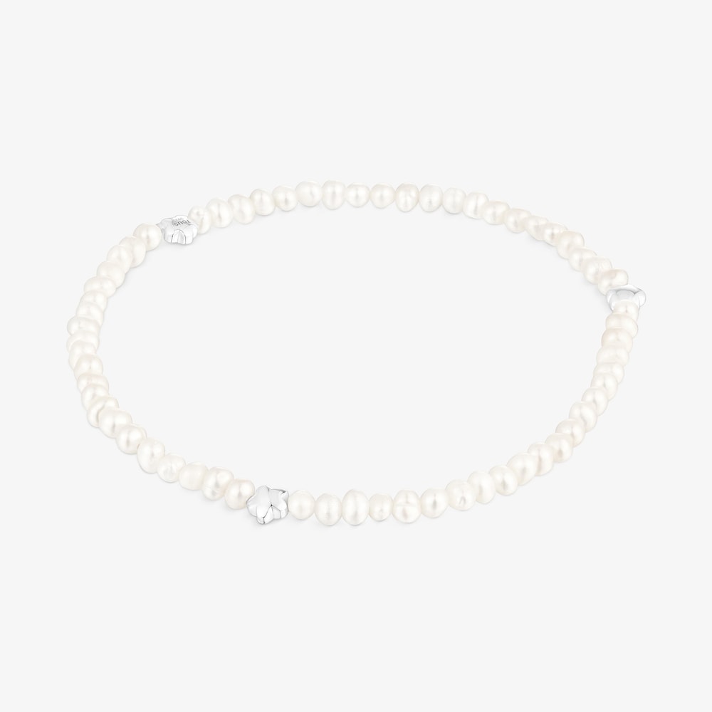 Elastic Bold Motif Bracelet with cultured pearls and flower motifs in silver
