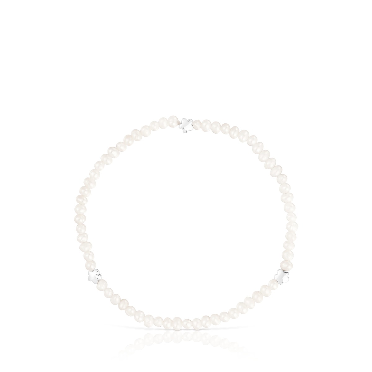 Elastic Bold Motif Bracelet with cultured pearls and flower motifs in silver