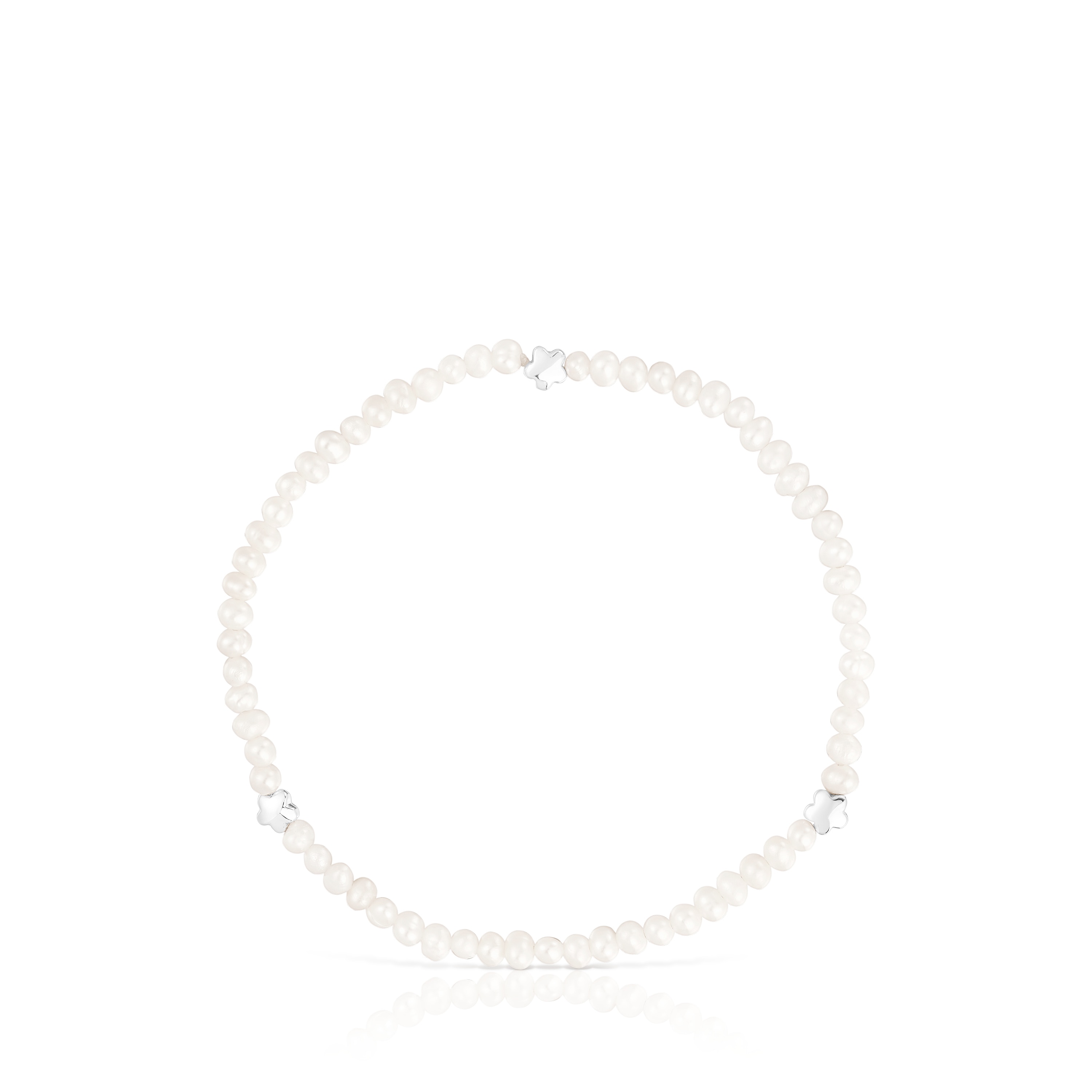 Elastic Bold Motif Bracelet with cultured pearls and flower motifs in silver
