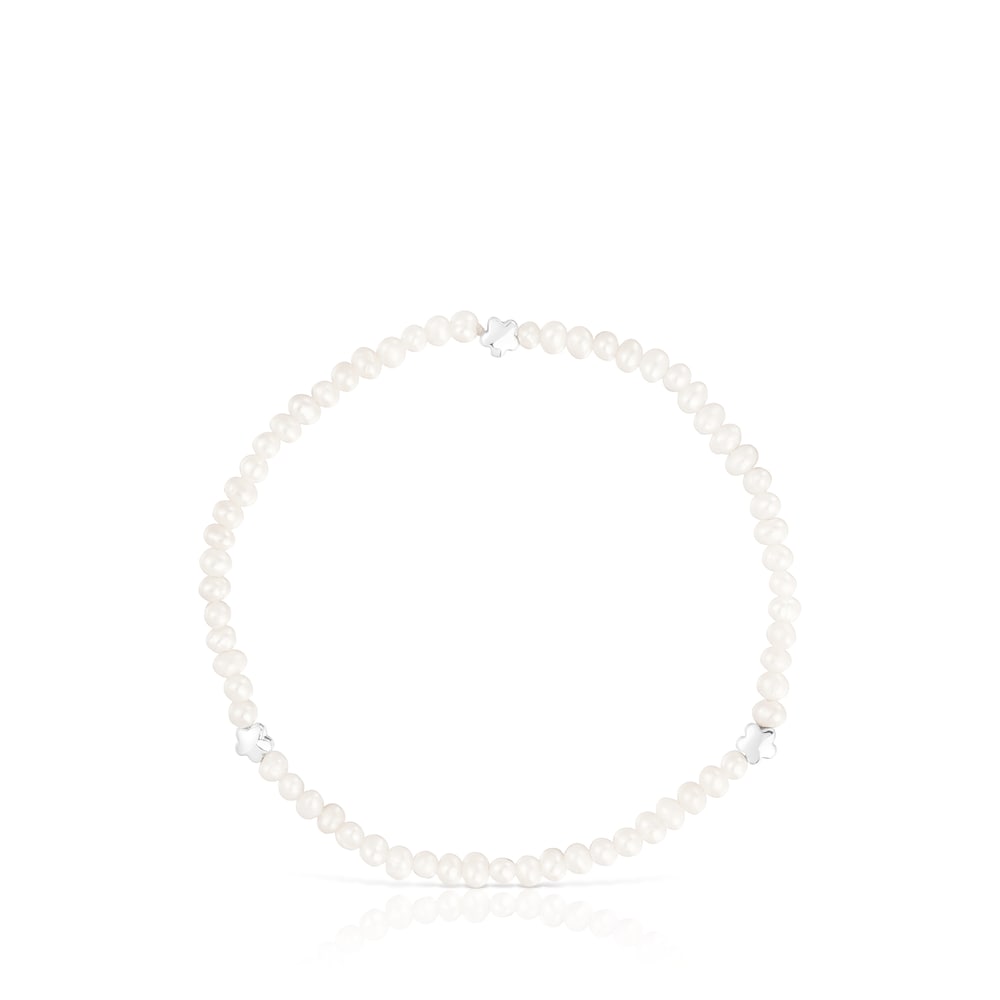 Elastic Bold Motif Bracelet with cultured pearls and flower motifs in silver