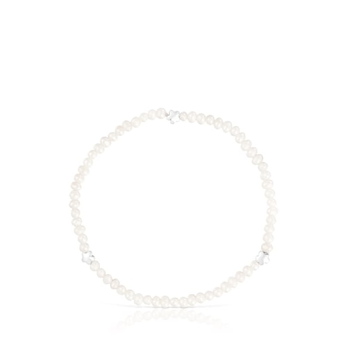 Elastic Bold Motif Bracelet with cultured pearls and flower motifs in silver