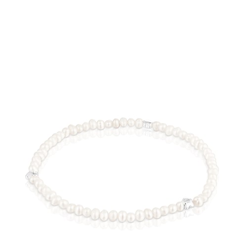 Elastic Bold Motif Bracelet with cultured pearls and flower motifs in silver