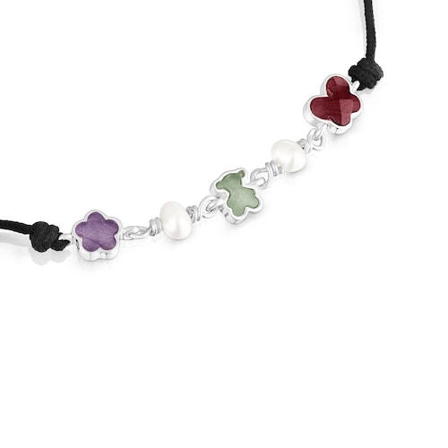 Pulsera de cord&oacute;n, plata, gemas y perlas cultivadas Bold Motif