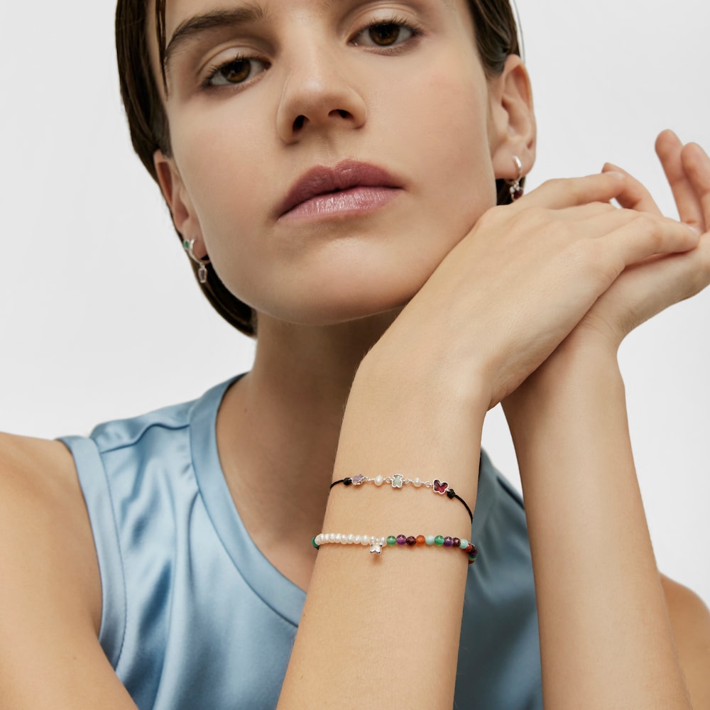 Pulsera de cord&oacute;n, plata, gemas y perlas cultivadas Bold Motif