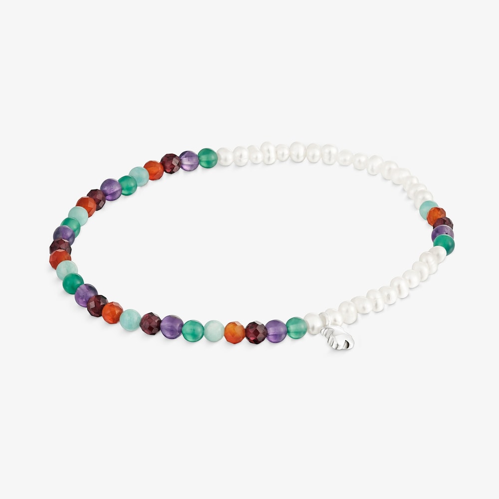 Elastic Bold Motif Bracelet with gemstones, cultured pearls and a silver bear motif