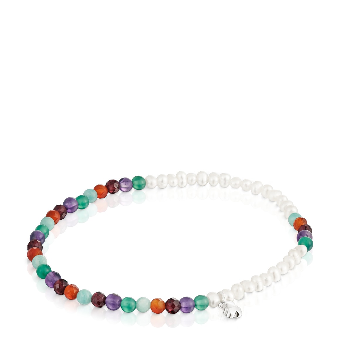 Elastic Bold Motif Bracelet with gemstones, cultured pearls and a silver bear motif