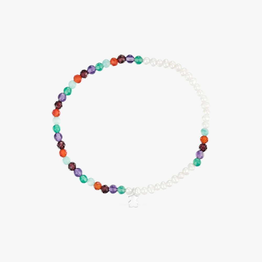Elastic Bold Motif Bracelet with gemstones, cultured pearls and a silver bear motif