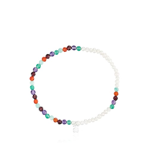 Elastic Bold Motif Bracelet with gemstones, cultured pearls and a silver bear motif