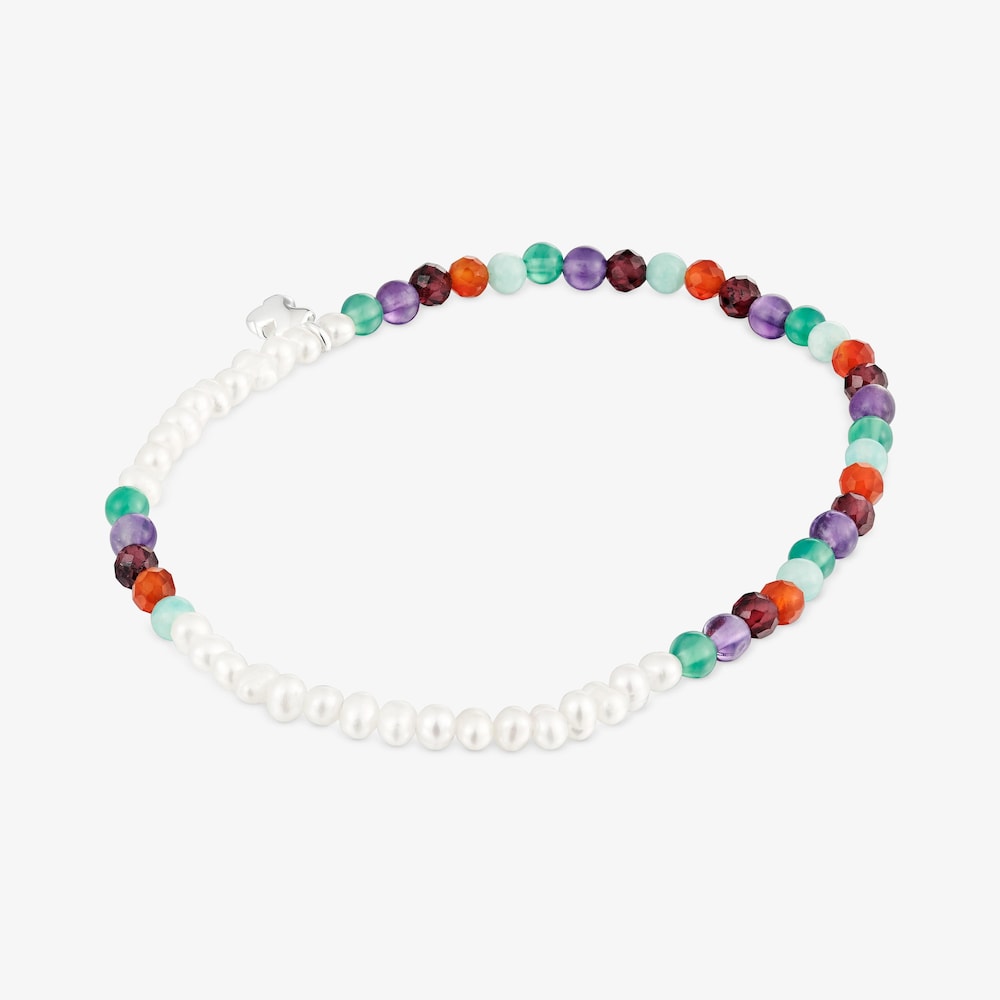 Elastic Bold Motif Bracelet with gemstones, cultured pearls and a silver bear motif