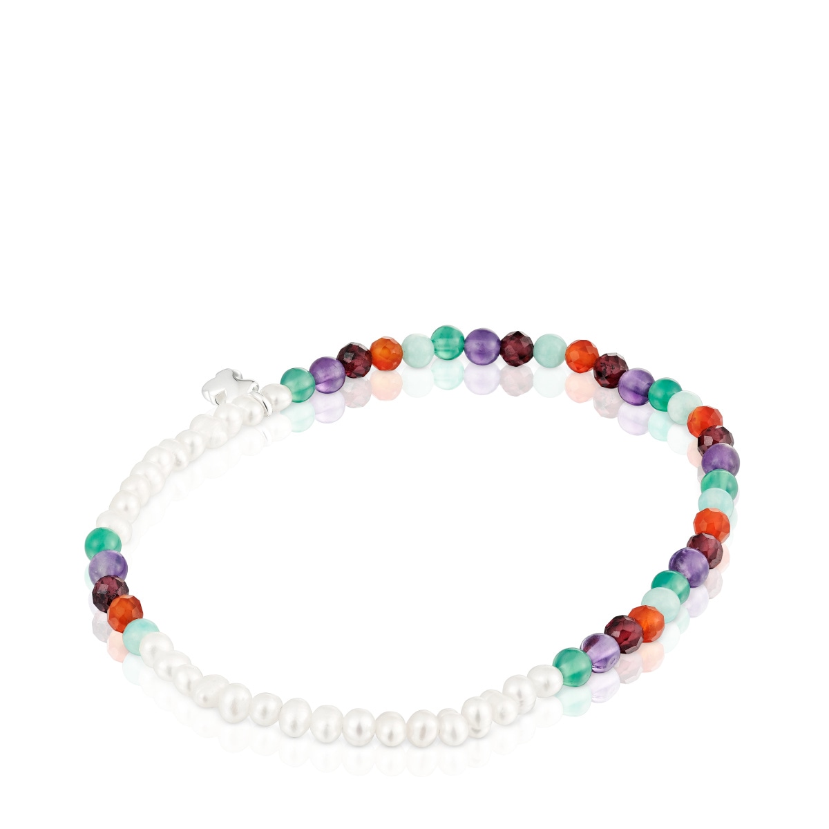 Elastic Bold Motif Bracelet with gemstones, cultured pearls and a silver bear motif
