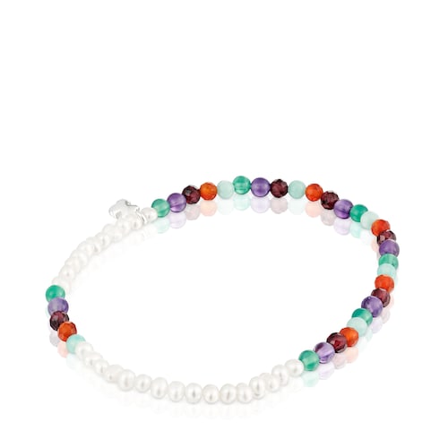 Elastic Bold Motif Bracelet with gemstones, cultured pearls and a silver bear motif