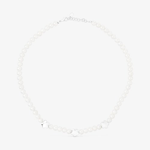 Bold Motif Necklace with cultured pearls and flower motifs in silver