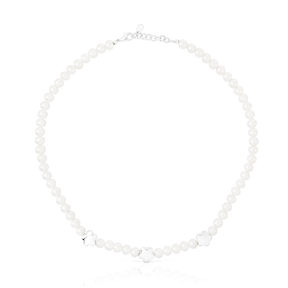 Bold Motif Necklace with cultured pearls and flower motifs in silver