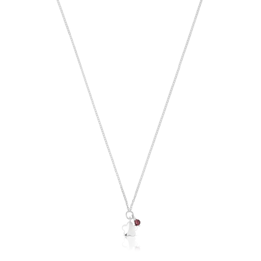 Silver Bold Motif Necklace with a rhodolite flower