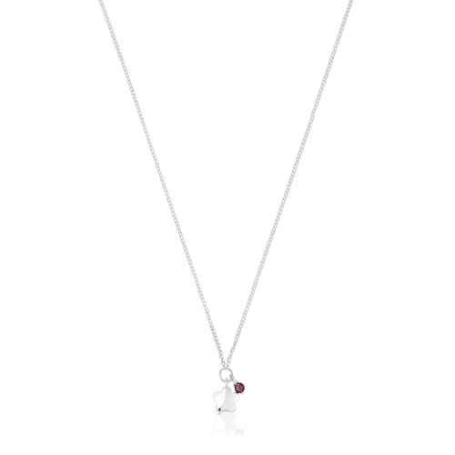 Silver Bold Motif Necklace with a rhodolite flower