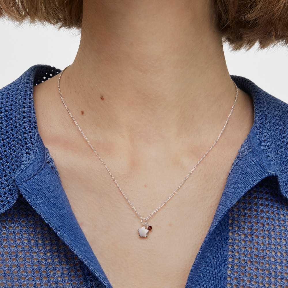 Silver Bold Motif Necklace with a rhodolite flower