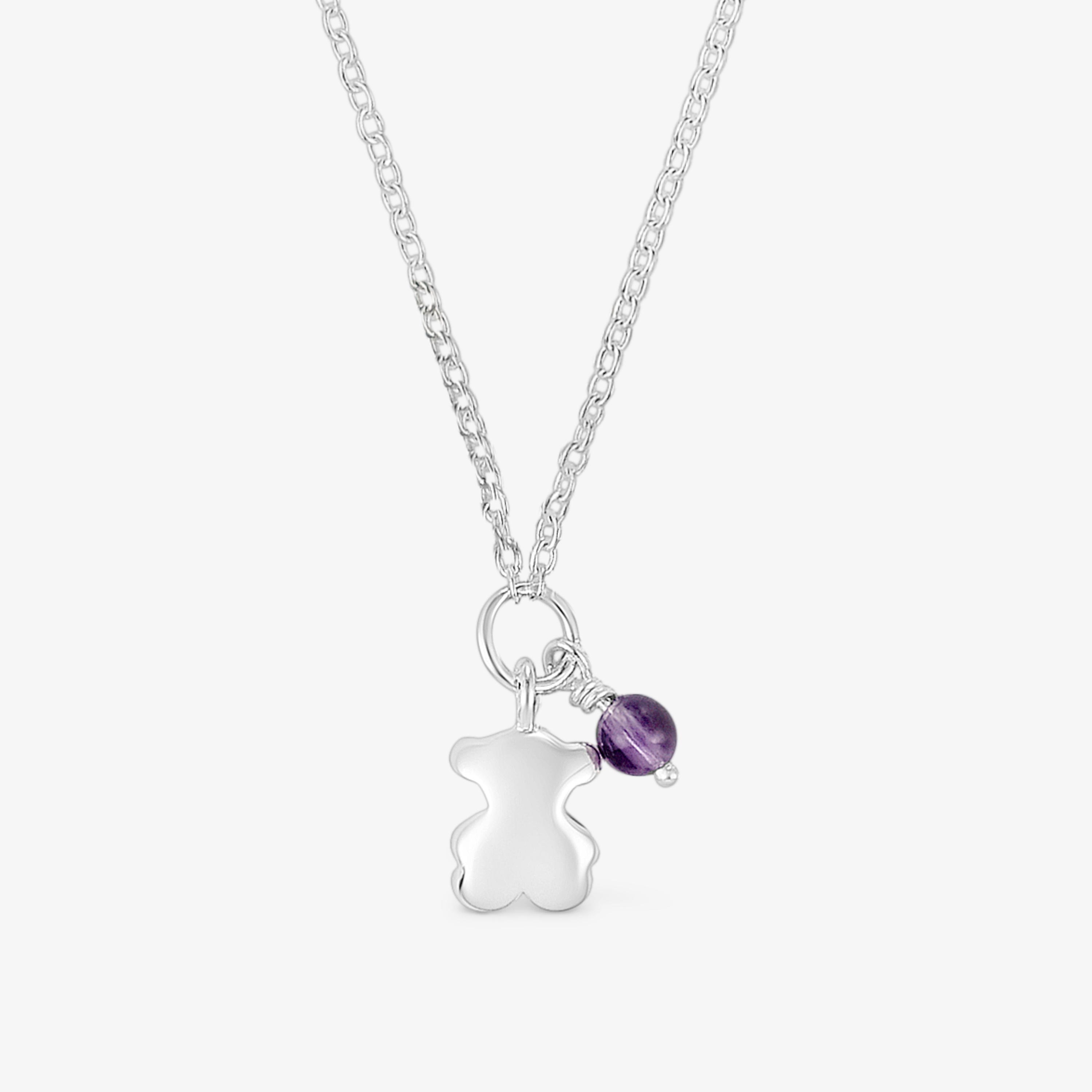 Silver Bold Motif Necklace with an amethyst bear