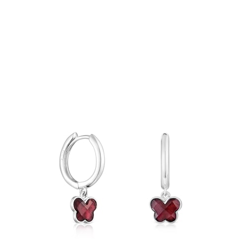 Silver Bold Motif Hoop earrings with a rhodolite butterfly