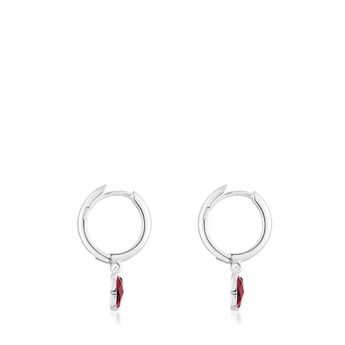 Silver Bold Motif Hoop earrings with a rhodolite butterfly