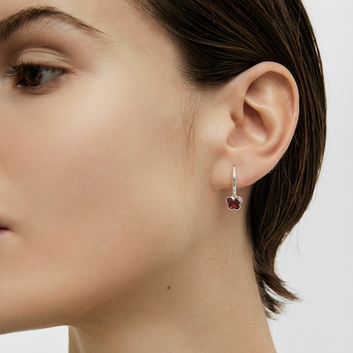 Silver Bold Motif Hoop earrings with a rhodolite butterfly