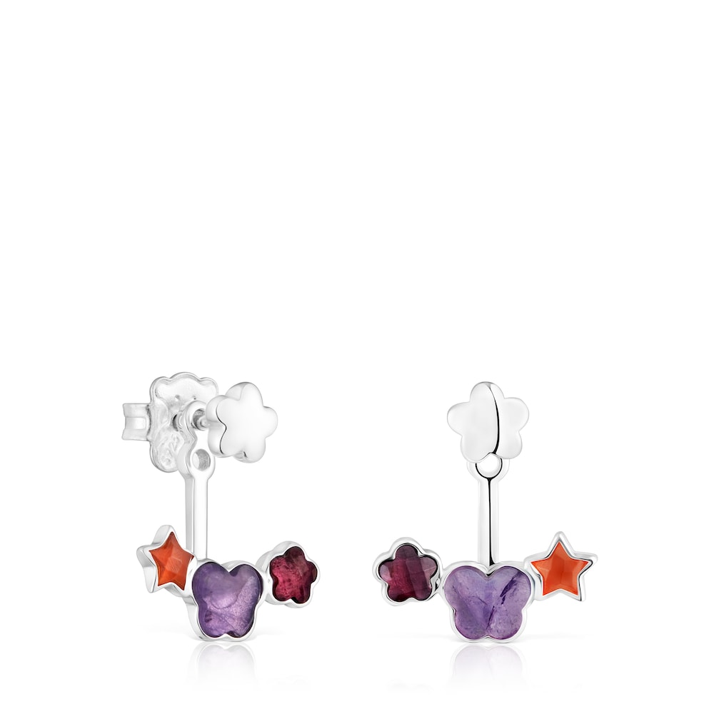 Silver Bold Motif Earrings with gemstones