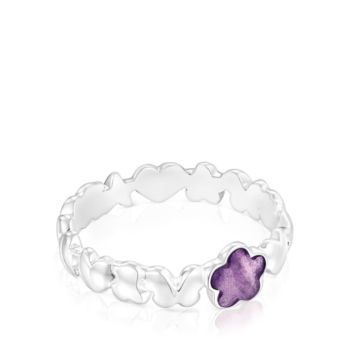 Silver Bold Motif Ring with an amethyst flower