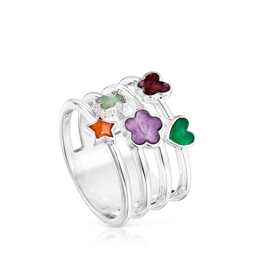 Wide Silver Bold Motif Ring with gemstones and motifs