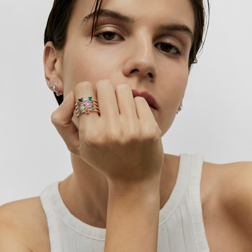 Wide Silver Bold Motif Ring with gemstones and motifs