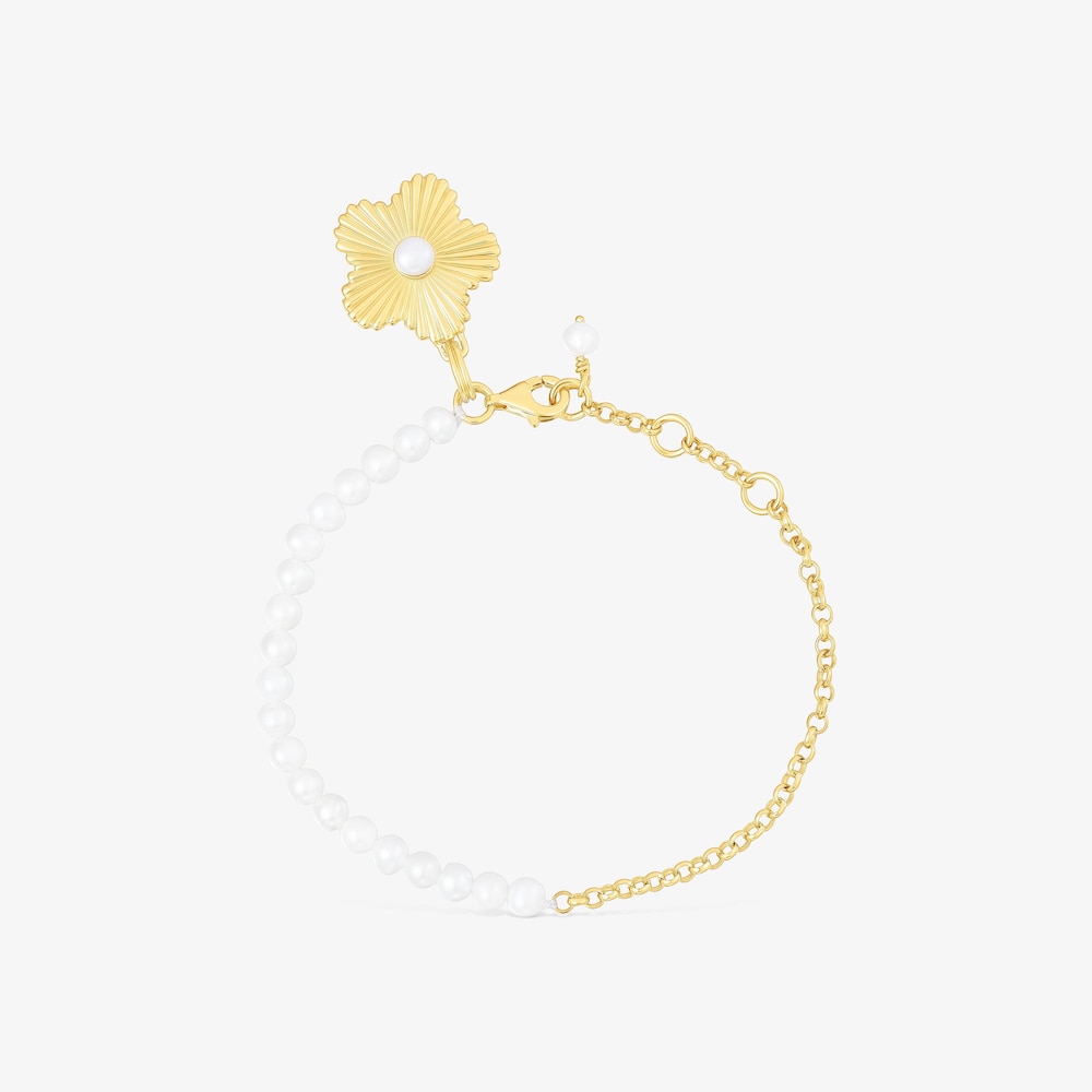 Pulsera con ba&ntilde;o de oro 18 kt sobre plata flor con perlas cultivadas Iris Motif