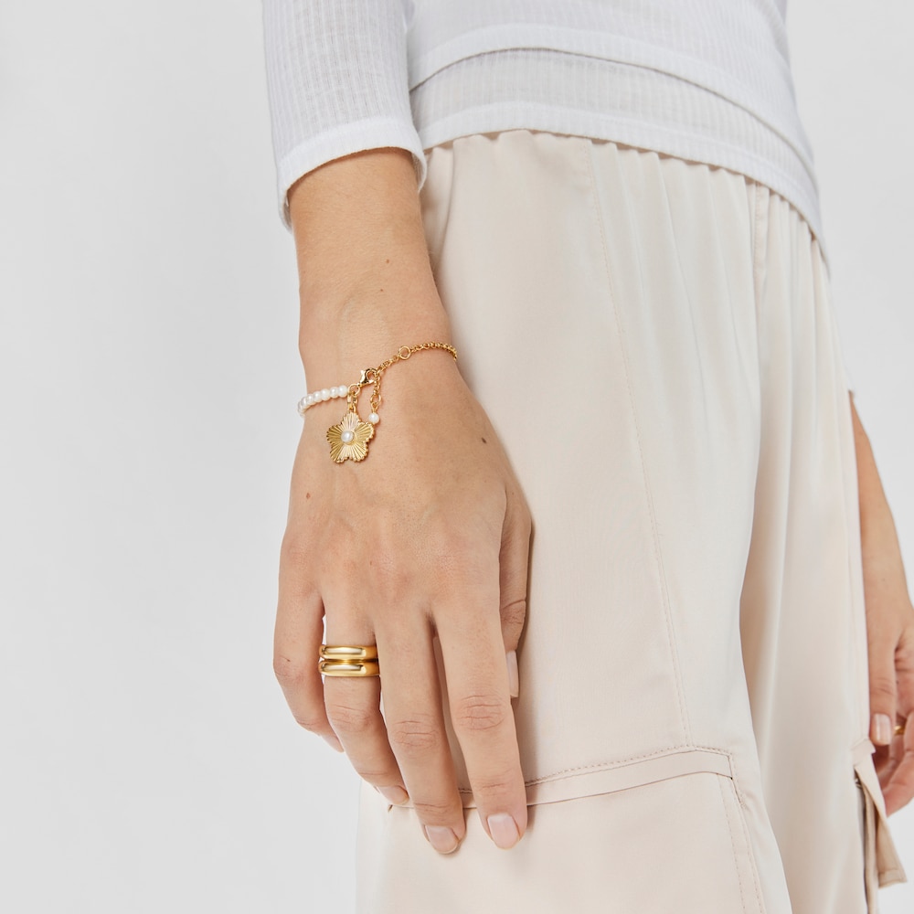 Pulsera con ba&ntilde;o de oro 18 kt sobre plata flor con perlas cultivadas Iris Motif