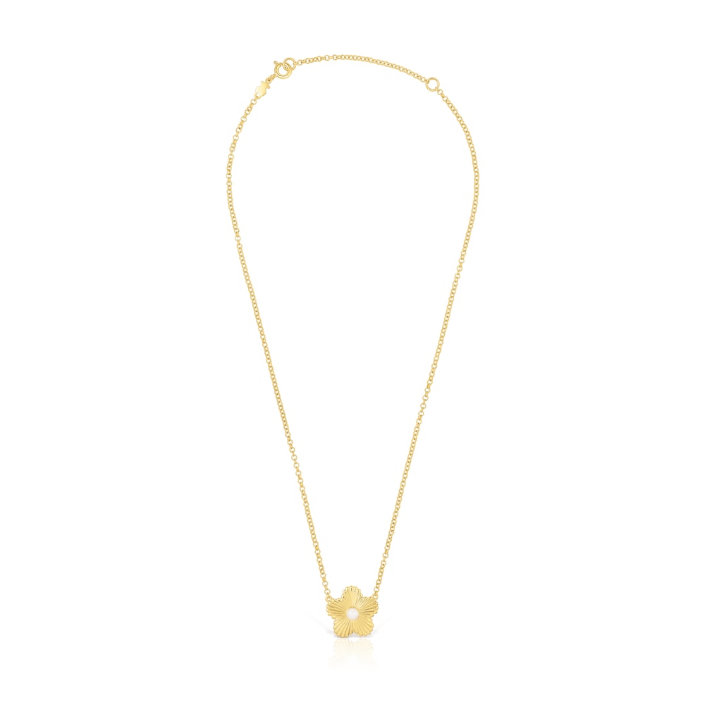 Silver vermeil flower Necklace with cultured pearl Iris Motif image number 1