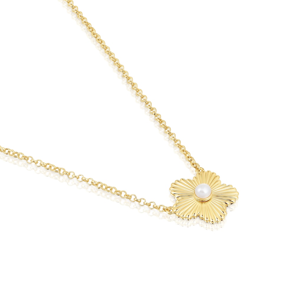 Silver vermeil flower Necklace with cultured pearl Iris Motif image number 2
