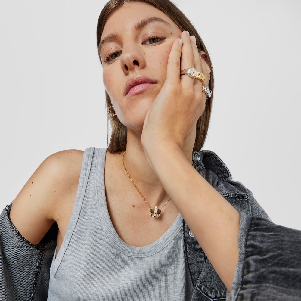 Bl&uuml;ten-Halskette Iris Motif aus Vermeil-Silber mit Zuchtperle