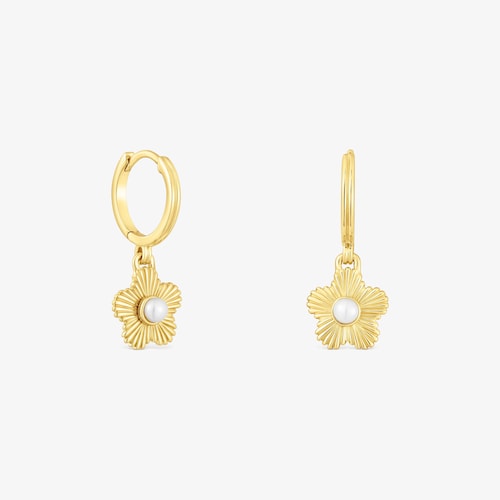 Aretes aro con ba&ntilde;o de oro 18 kt sobre plata flor con perla cultivada Iris Motif