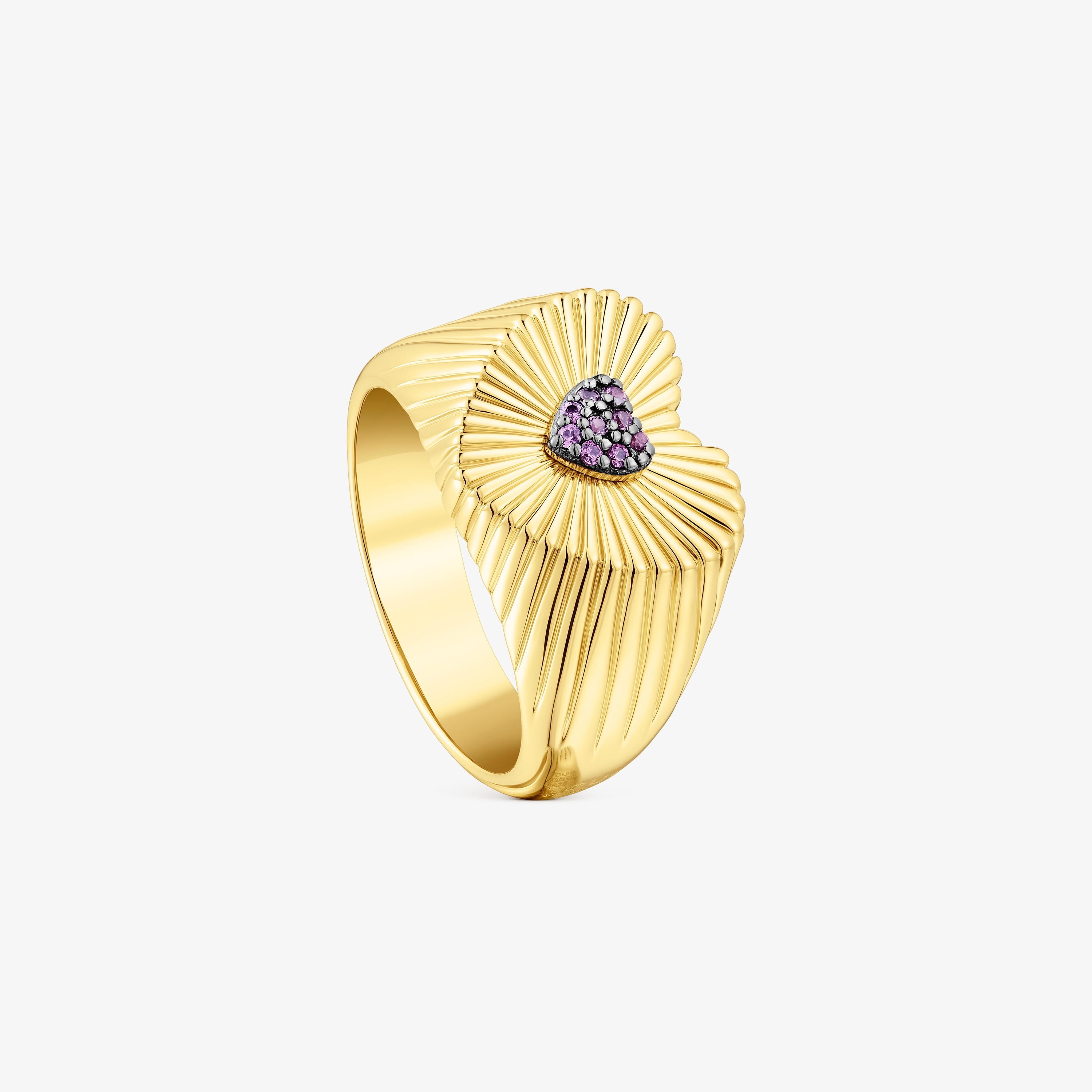 Silver vermeil heart Signet ring with rhodolite Iris Motif