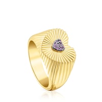 Anel carimbo em prata vermeil coração com rodolitas Iris Motif