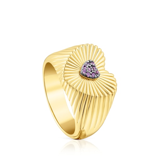 Silver vermeil heart Signet ring with rhodolite Iris Motif