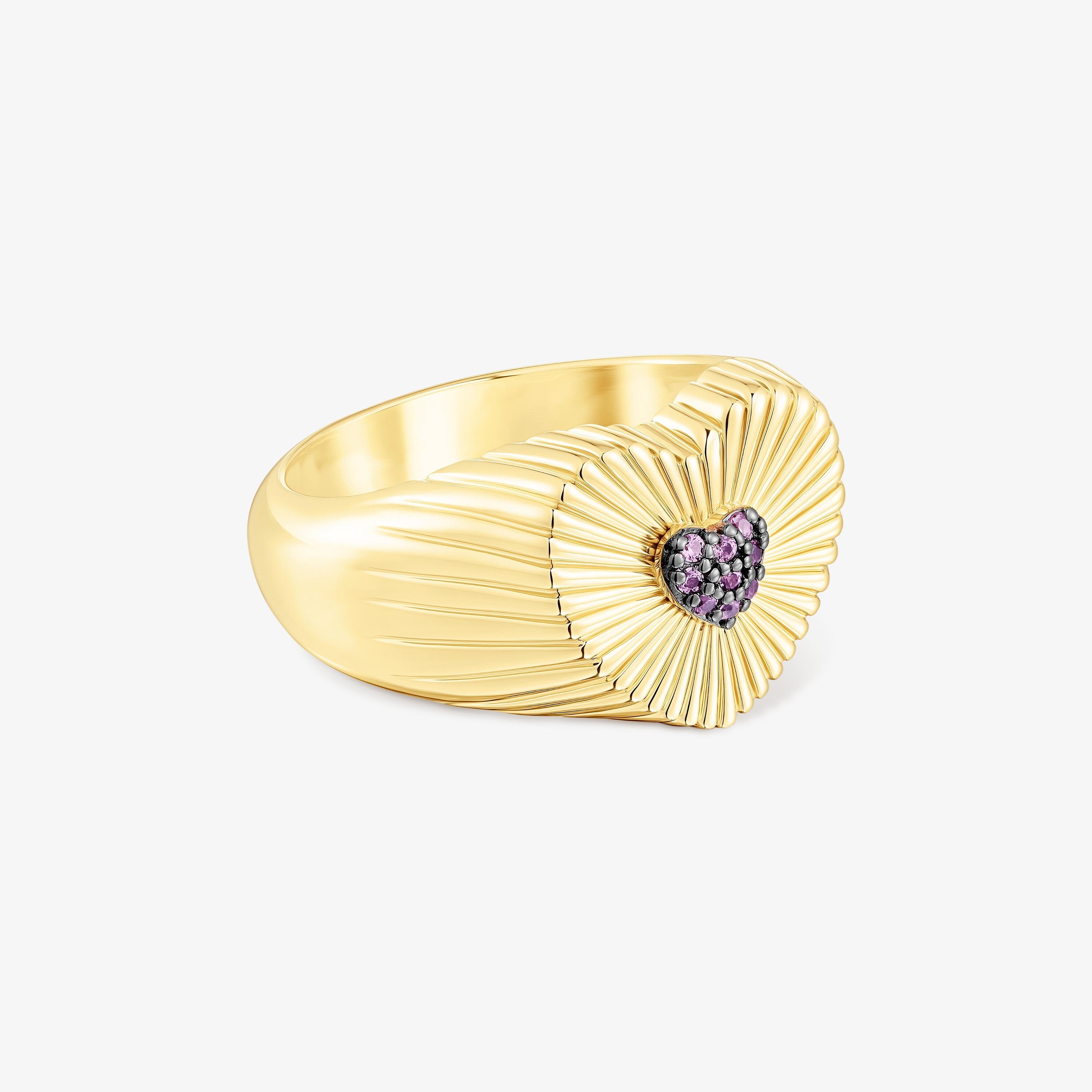 Silver vermeil heart Signet ring with rhodolite Iris Motif