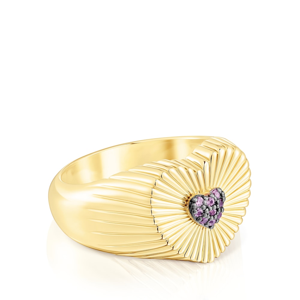 Silver vermeil heart Signet ring with rhodolite Iris Motif